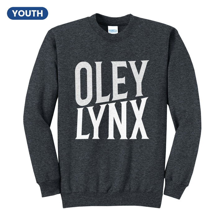 Oley Valley Lynx Block Stack youth crewneck sweatshirt in Dark Heather Grey: tall OLEY stacked over LYNX in condensed block letters