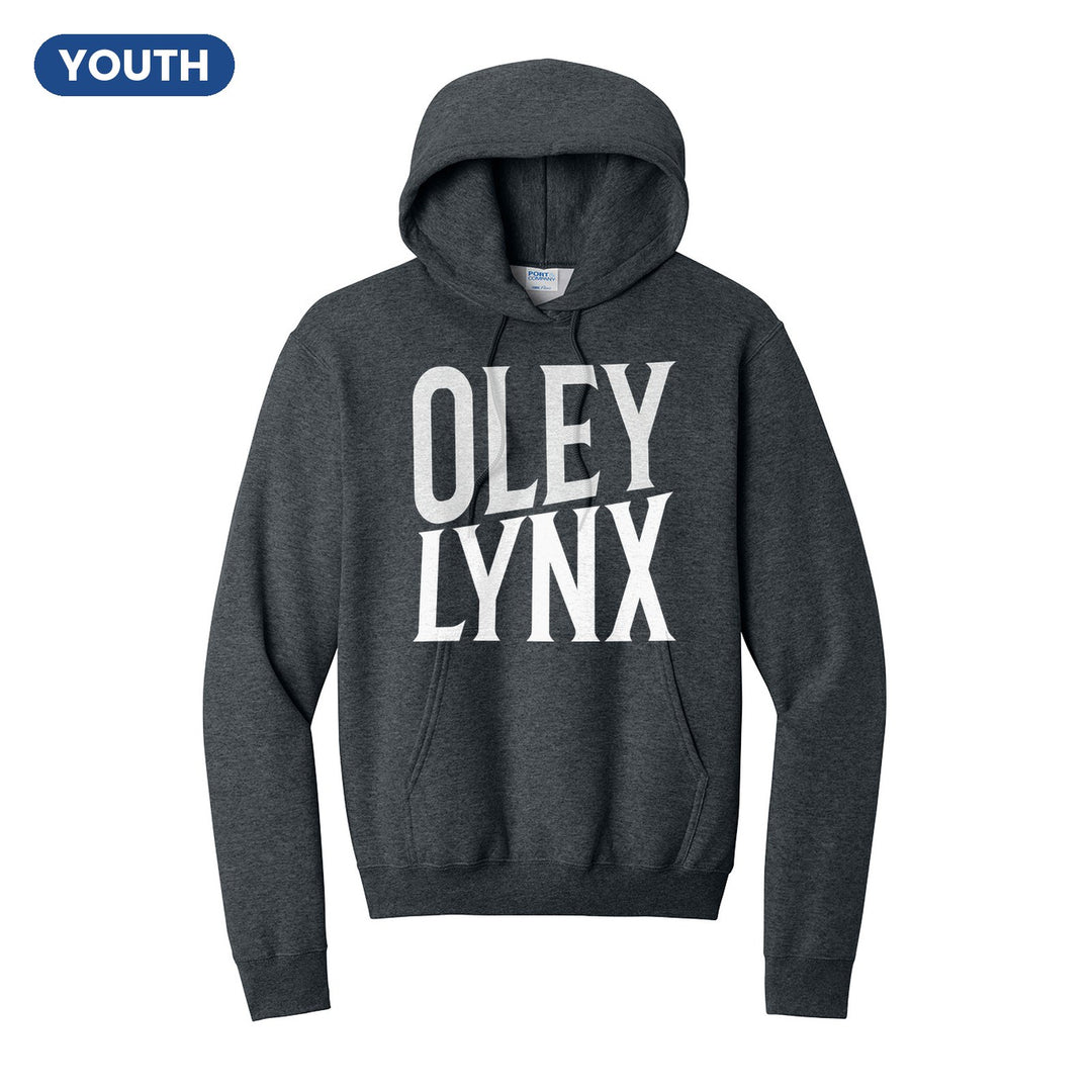 Oley Valley Lynx Block Stack youth hoodie in Dark Heather Grey: tall OLEY stacked over LYNX in condensed block letters