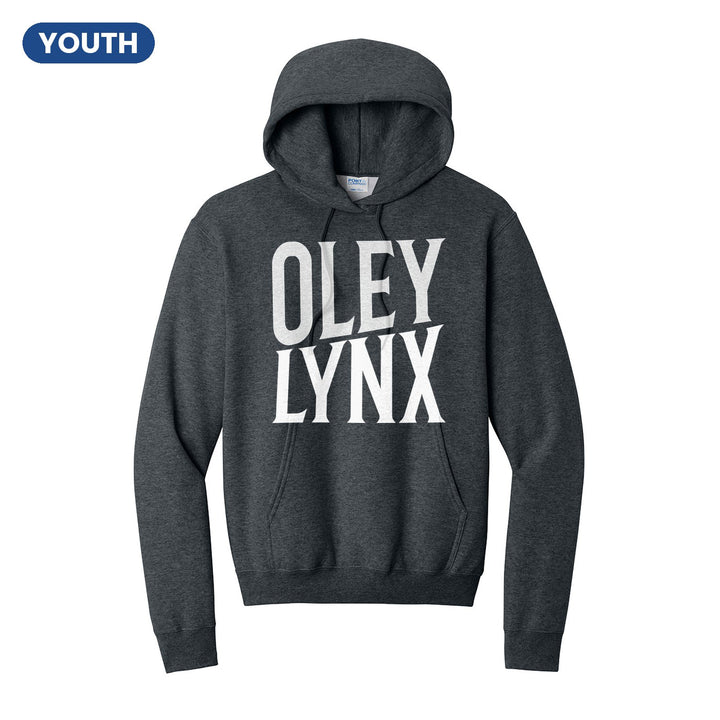 Oley Valley Lynx Block Stack youth hoodie in Dark Heather Grey: tall OLEY stacked over LYNX in condensed block letters