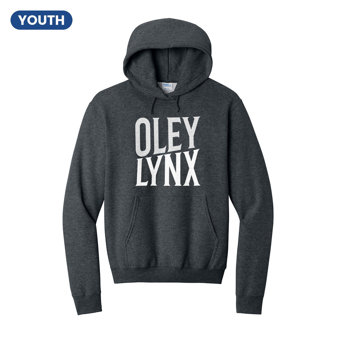 Oley Valley Lynx Block Stack youth hoodie in Dark Heather Grey: tall OLEY stacked over LYNX in condensed block letters