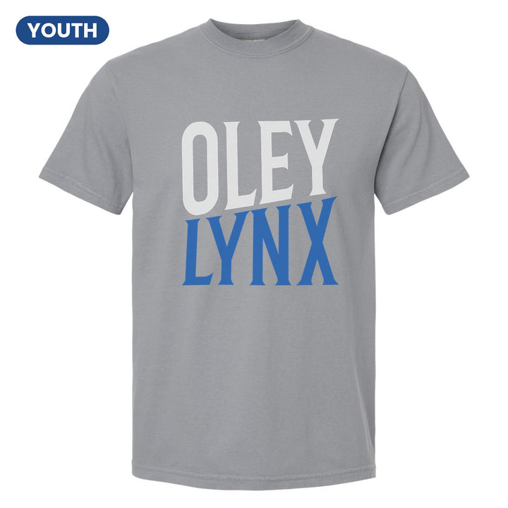 Oley Valley Lynx Block Stack youth comfort colors t-shirt in Granite: tall OLEY stacked over LYNX in condensed block letters