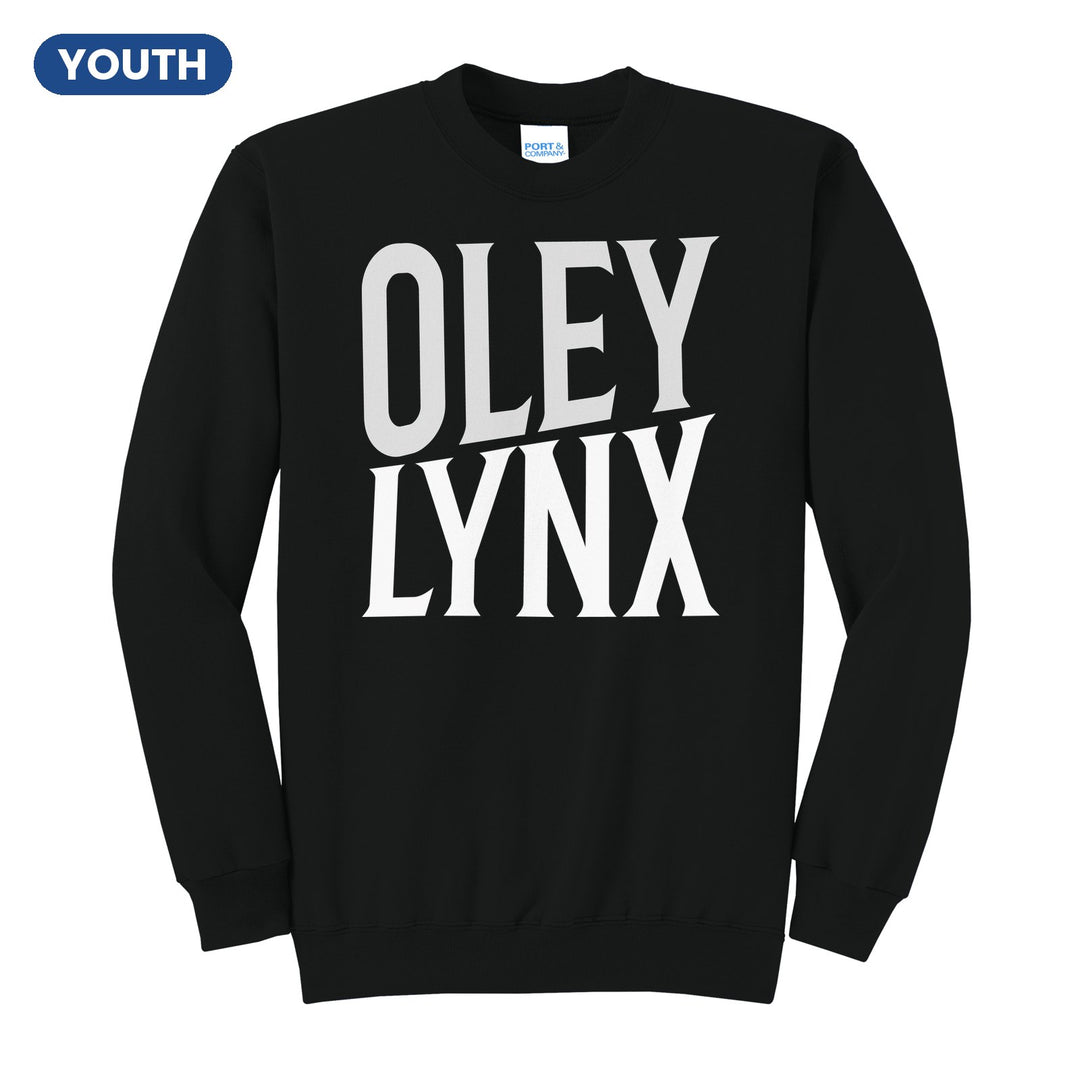 Oley Valley Lynx Block Stack youth crewneck sweatshirt in Jet Black: tall OLEY stacked over LYNX in condensed block letters