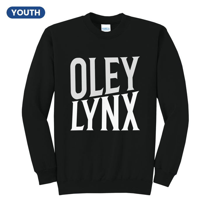 Oley Valley Lynx Block Stack youth crewneck sweatshirt in Jet Black: tall OLEY stacked over LYNX in condensed block letters