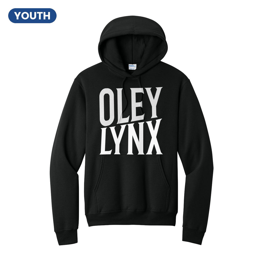 Oley Valley Lynx Block Stack youth hoodie in Jet Black: tall OLEY stacked over LYNX in condensed block letters