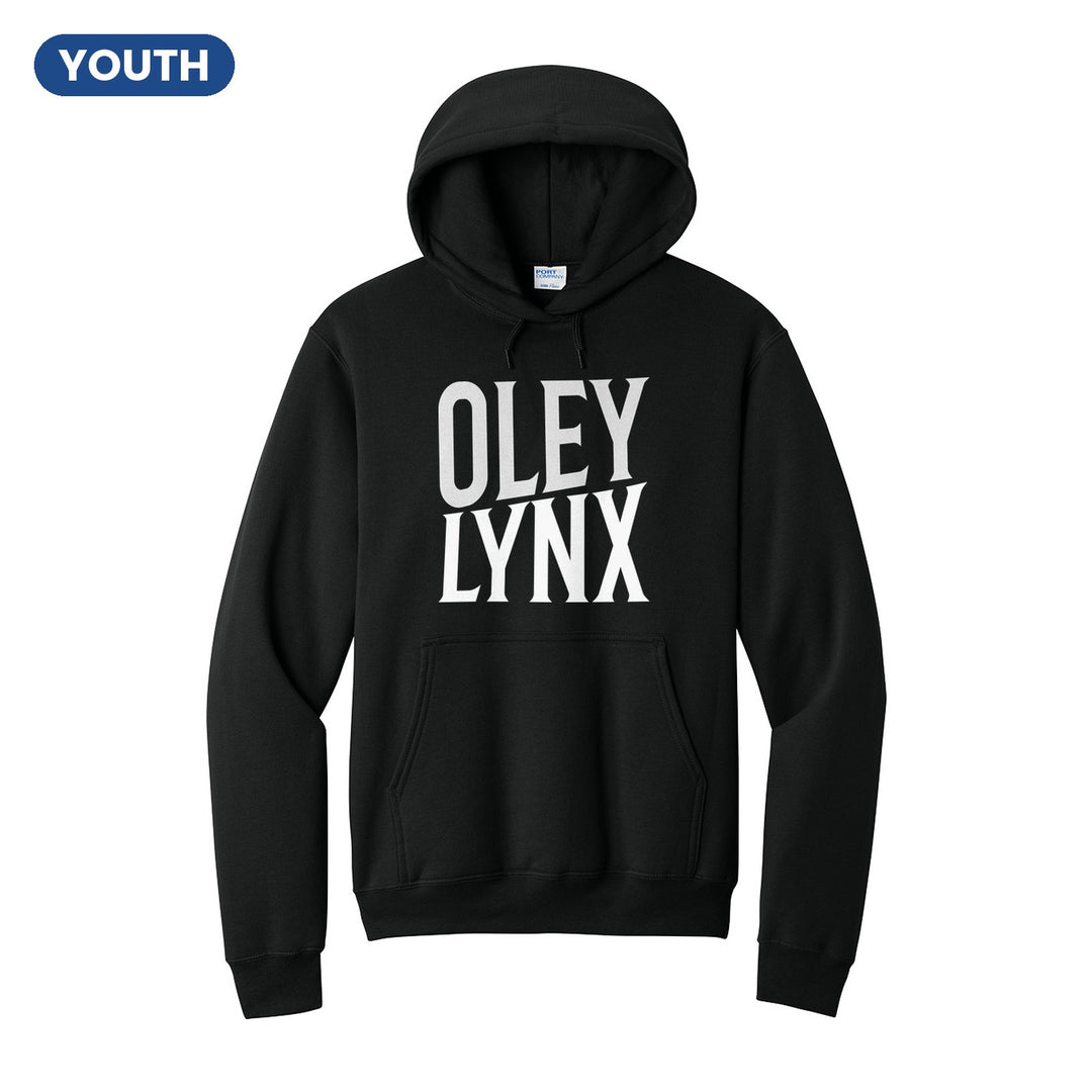 Oley Valley Lynx Block Stack youth hoodie in Jet Black: tall OLEY stacked over LYNX in condensed block letters