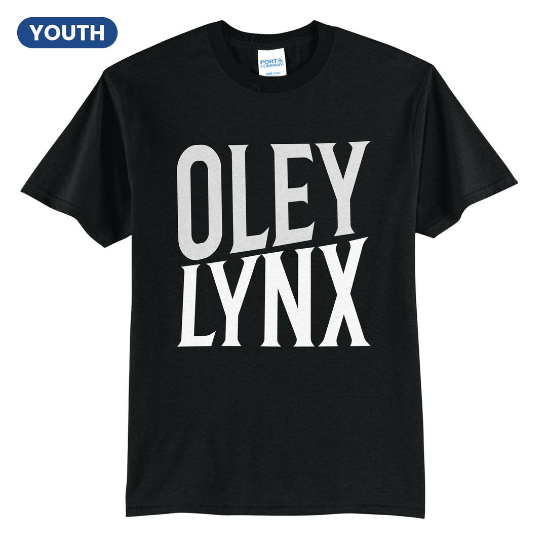 Oley Valley Lynx Block Stack youth t-shirt in Jet Black: tall OLEY stacked over LYNX in condensed block letters