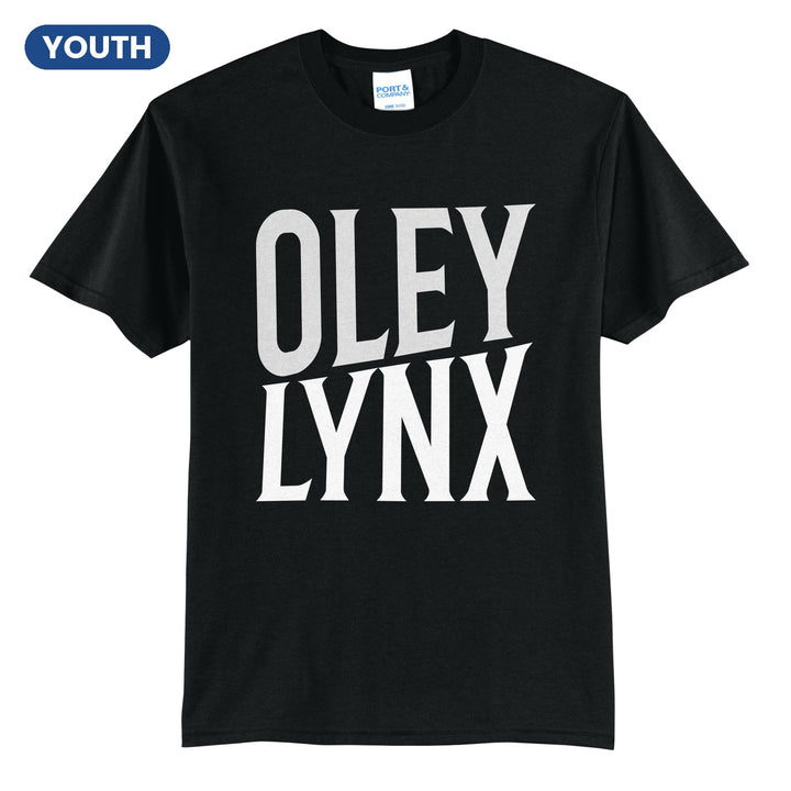 Oley Valley Lynx Block Stack youth t-shirt in Jet Black: tall OLEY stacked over LYNX in condensed block letters