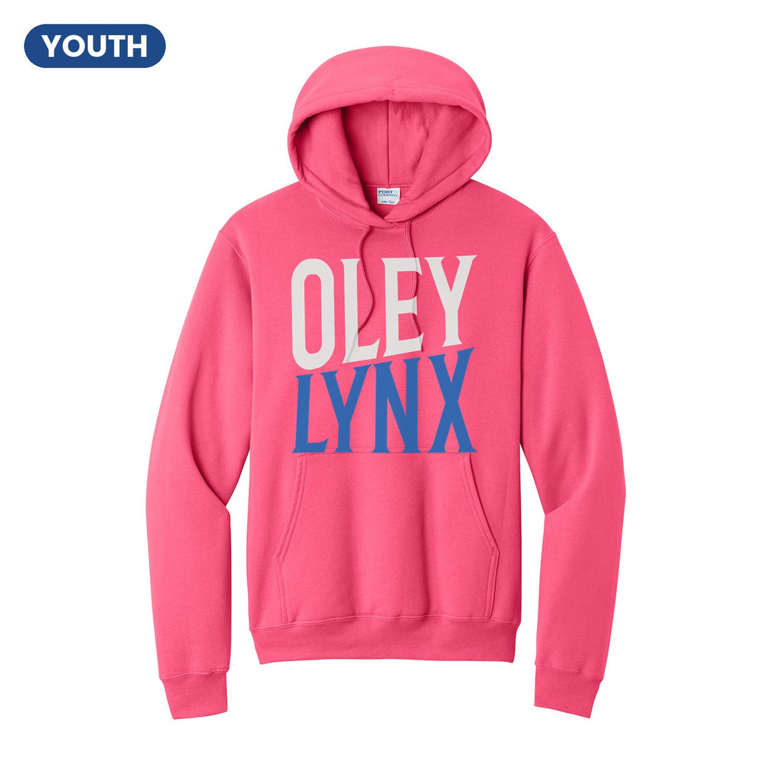 Oley Valley Lynx Block Stack youth hoodie in Neon Pink: tall OLEY stacked over LYNX in condensed block letters