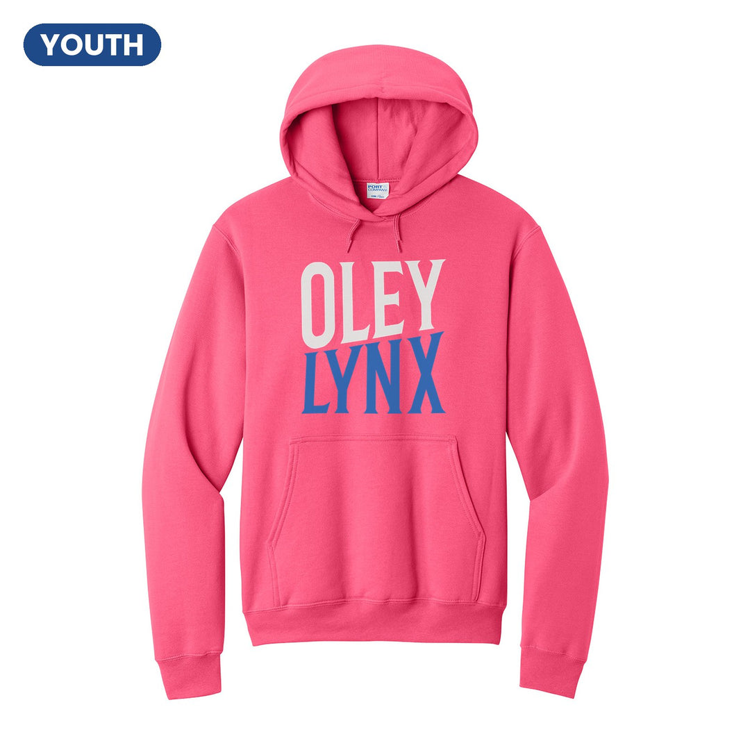Oley Valley Lynx Block Stack youth hoodie in Neon Pink: tall OLEY stacked over LYNX in condensed block letters