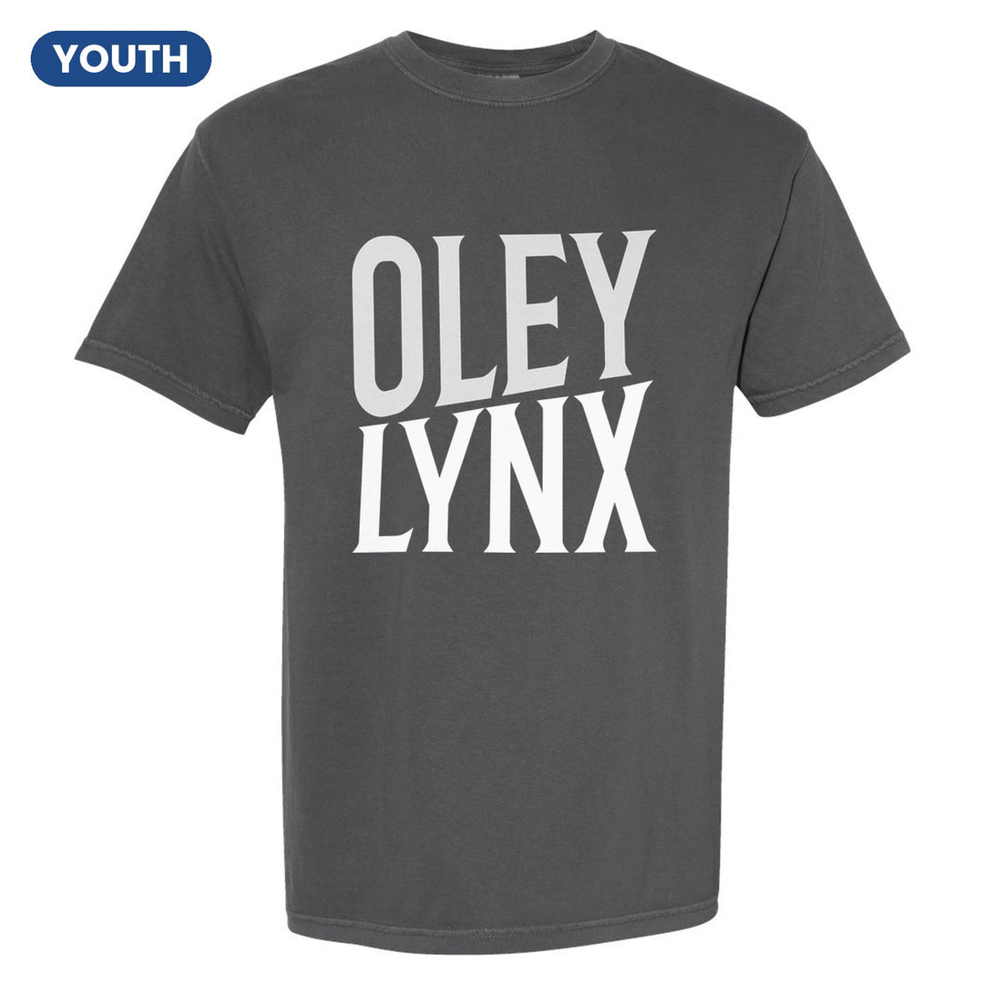 Oley Valley Lynx Block Stack youth comfort colors t-shirt in Pepper: tall OLEY stacked over LYNX in condensed block letters