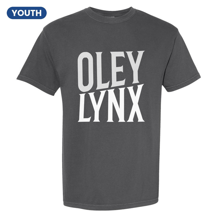 Oley Valley Lynx Block Stack youth comfort colors t-shirt in Pepper: tall OLEY stacked over LYNX in condensed block letters