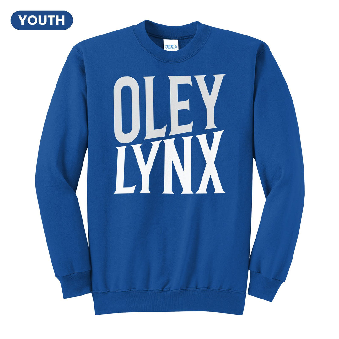 Oley Valley Lynx Block Stack youth crewneck sweatshirt in Royal: tall OLEY stacked over LYNX in condensed block letters