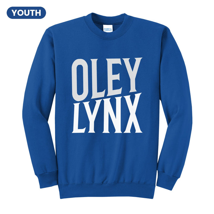 Oley Valley Lynx Block Stack youth crewneck sweatshirt in Royal: tall OLEY stacked over LYNX in condensed block letters