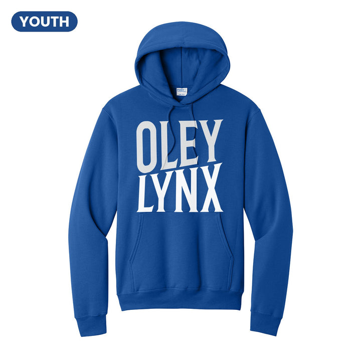 Oley Valley Lynx Block Stack youth hoodie in Royal: tall OLEY stacked over LYNX in condensed block letters