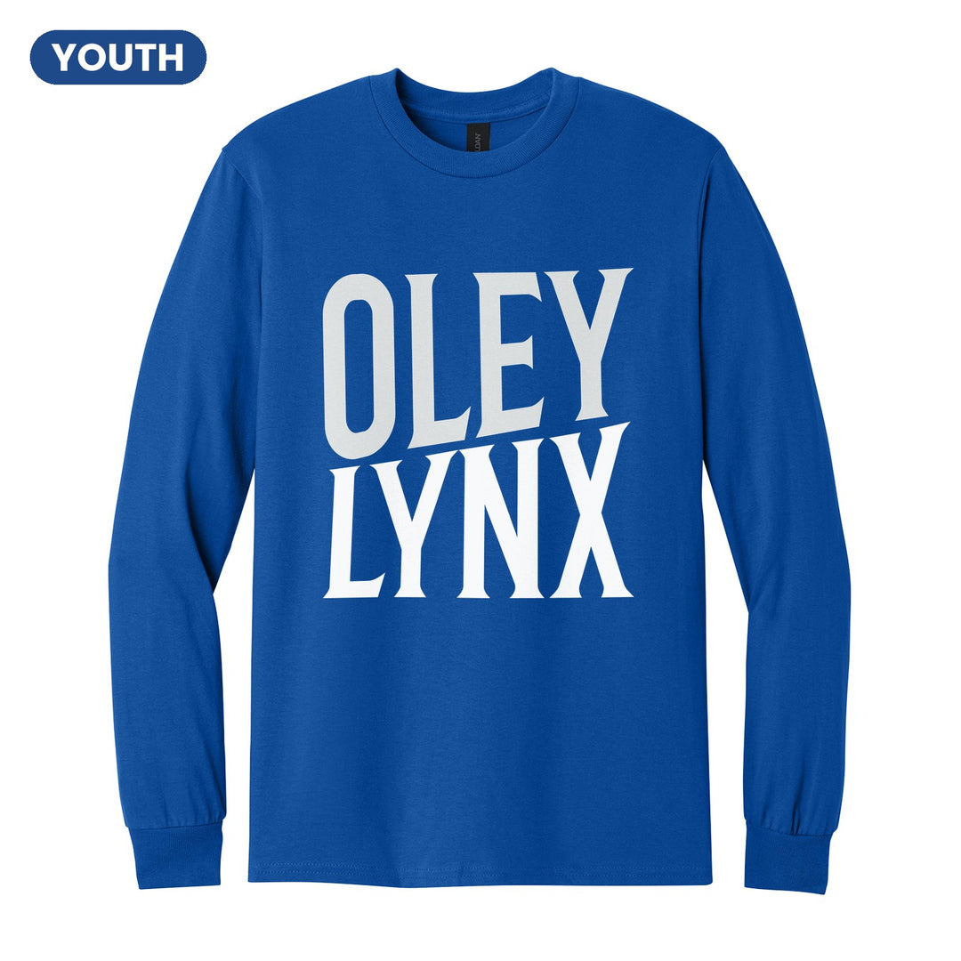 Oley Valley Lynx Block Stack youth long sleeve t-shirt in Royal: tall OLEY stacked over LYNX in condensed block letters