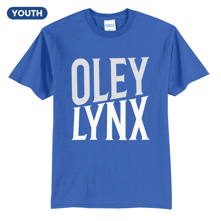 Oley Valley Lynx Block Stack youth t-shirt in Royal: tall OLEY stacked over LYNX in condensed block letters