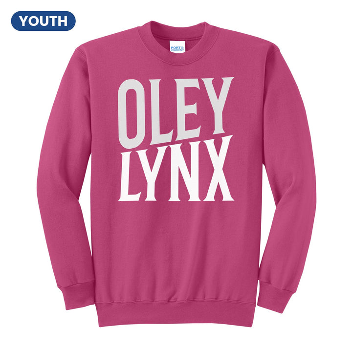 Oley Valley Lynx Block Stack youth crewneck sweatshirt in Sangria: tall OLEY stacked over LYNX in condensed block letters