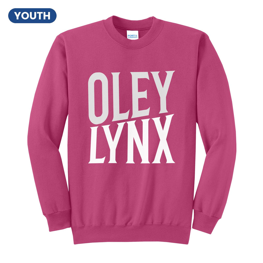 Oley Valley Lynx Block Stack youth crewneck sweatshirt in Sangria: tall OLEY stacked over LYNX in condensed block letters