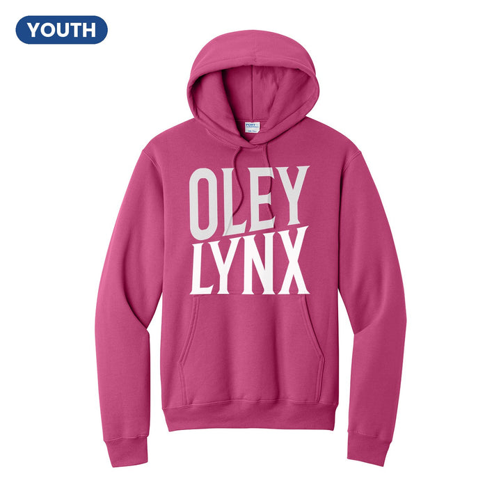 Oley Valley Lynx Block Stack youth hoodie in Sangria: tall OLEY stacked over LYNX in condensed block letters