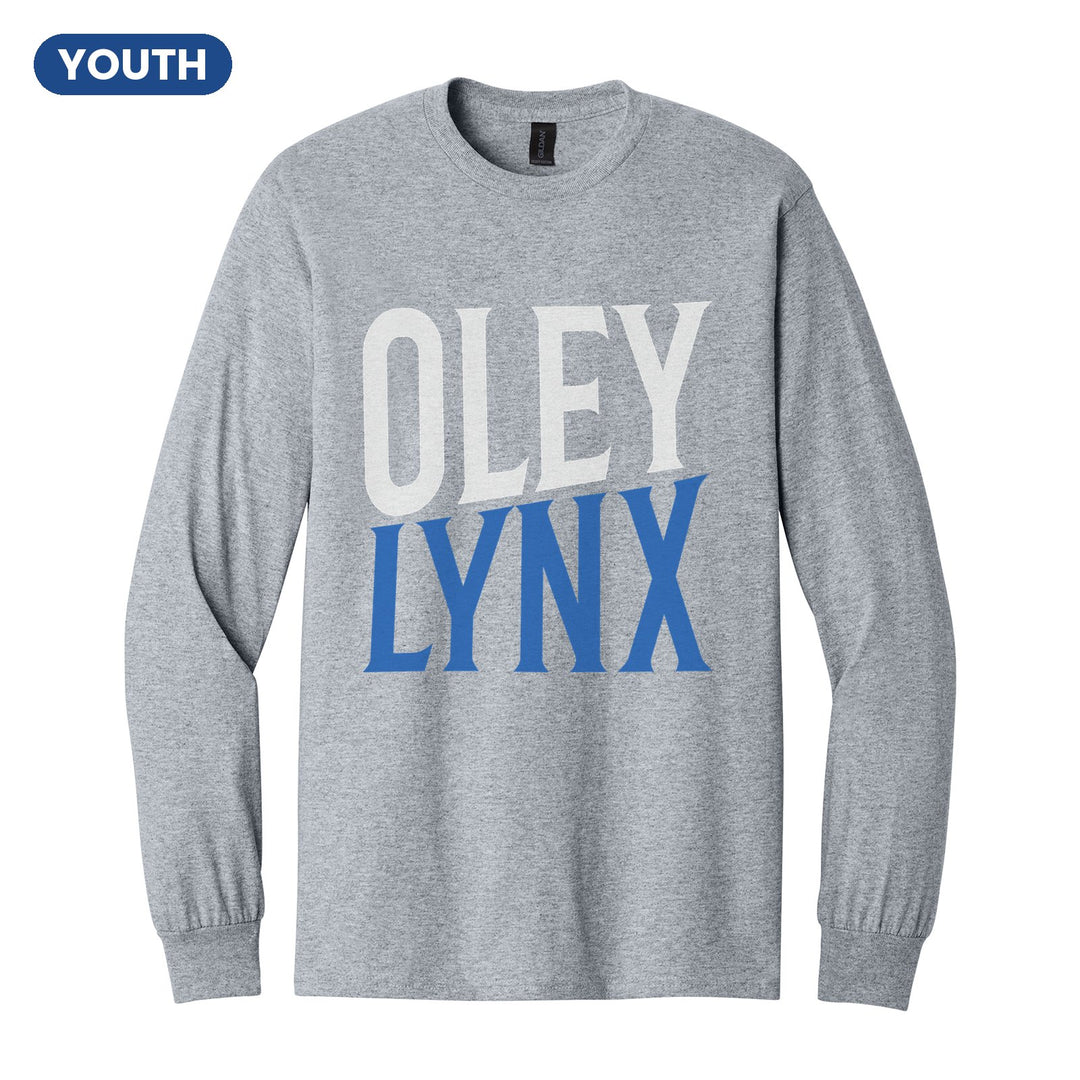 Oley Valley Lynx Block Stack youth long sleeve t-shirt in Sport Grey: tall OLEY stacked over LYNX in condensed block letters