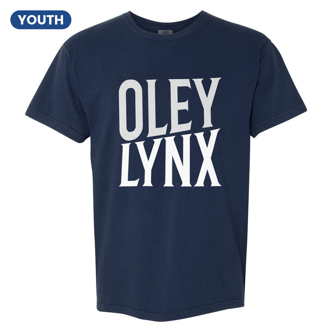 Oley Valley Lynx Block Stack youth comfort colors t-shirt in True Navy: tall OLEY stacked over LYNX in condensed block letters