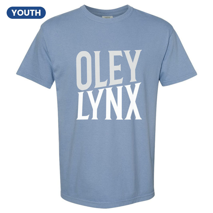 Oley Valley Lynx Block Stack youth comfort colors t-shirt in Washed Denim: tall OLEY stacked over LYNX in condensed block letters