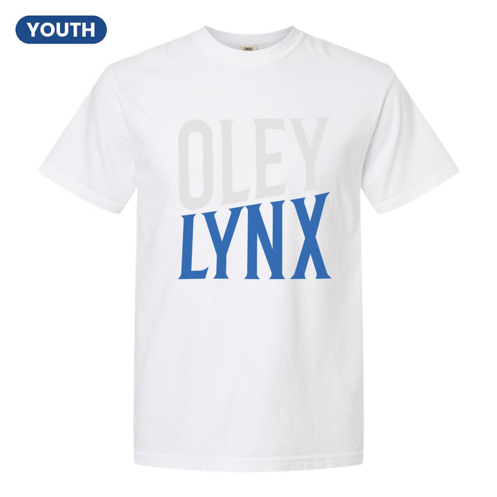 Oley Valley Lynx Block Stack youth comfort colors t-shirt in White: tall OLEY stacked over LYNX in condensed block letters