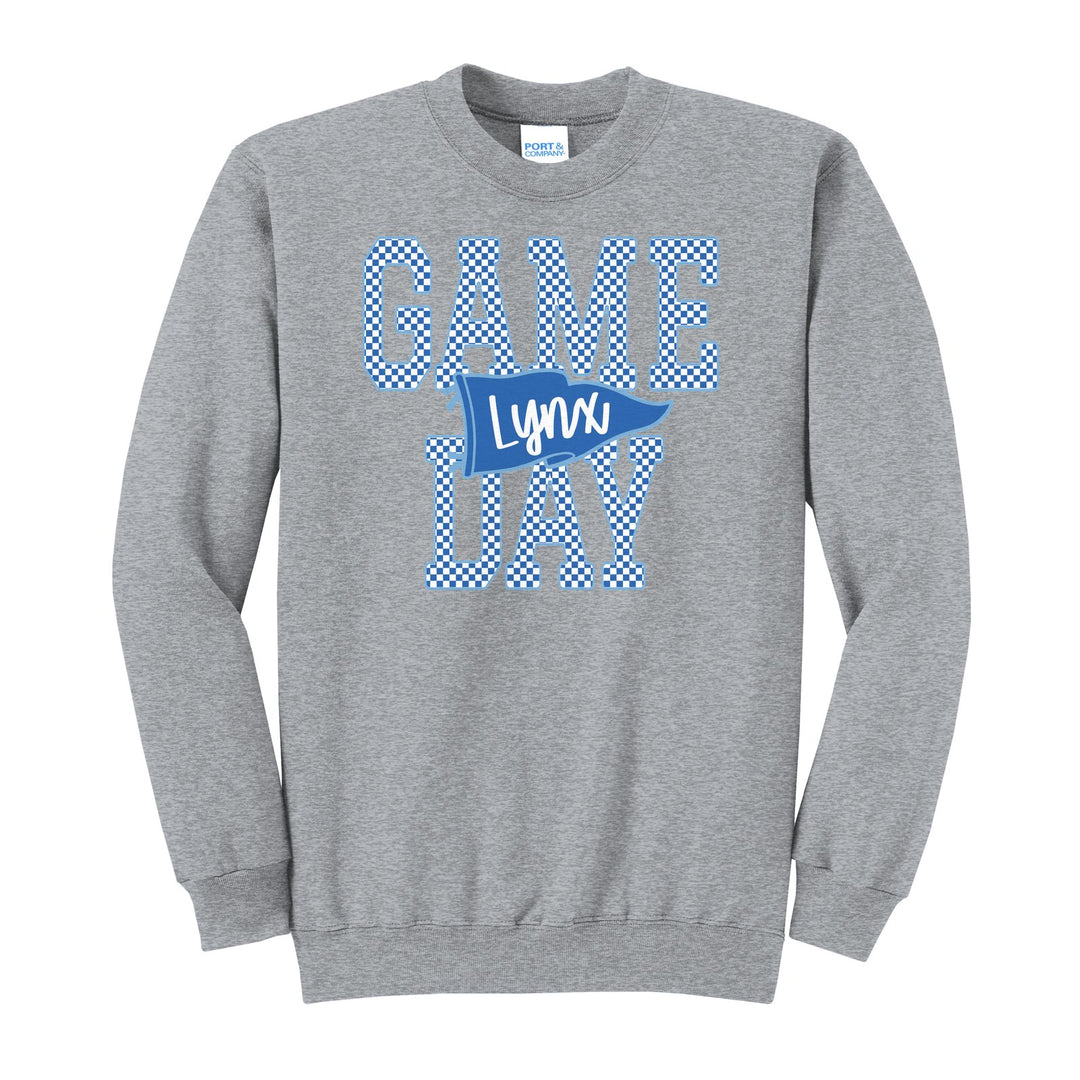 Oley Valley Lynx Game Day crewneck sweatshirt in Athletic Heather: checkered GAME DAY lettering with a Lynx pennant across the middle