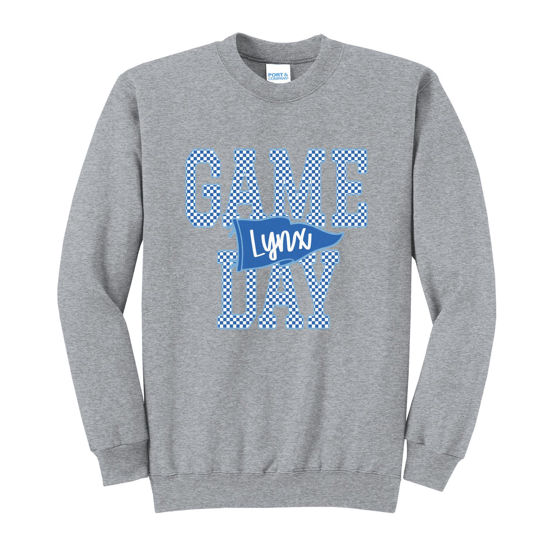 Oley Valley Lynx Game Day crewneck sweatshirt in Athletic Heather: checkered GAME DAY lettering with a Lynx pennant across the middle