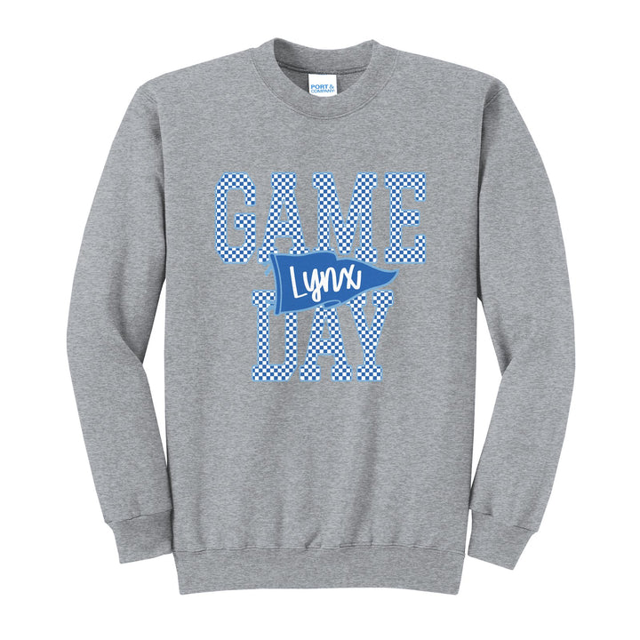 Oley Valley Lynx Game Day crewneck sweatshirt in Athletic Heather: checkered GAME DAY lettering with a Lynx pennant across the middle