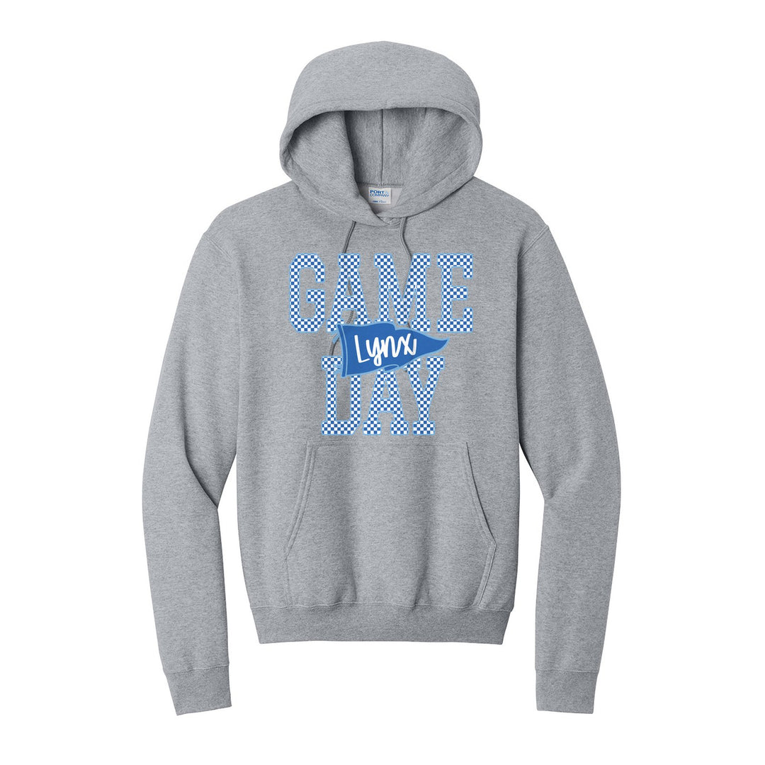 Oley Valley Lynx Game Day hoodie in Athletic Heather: checkered GAME DAY lettering with a Lynx pennant across the middle