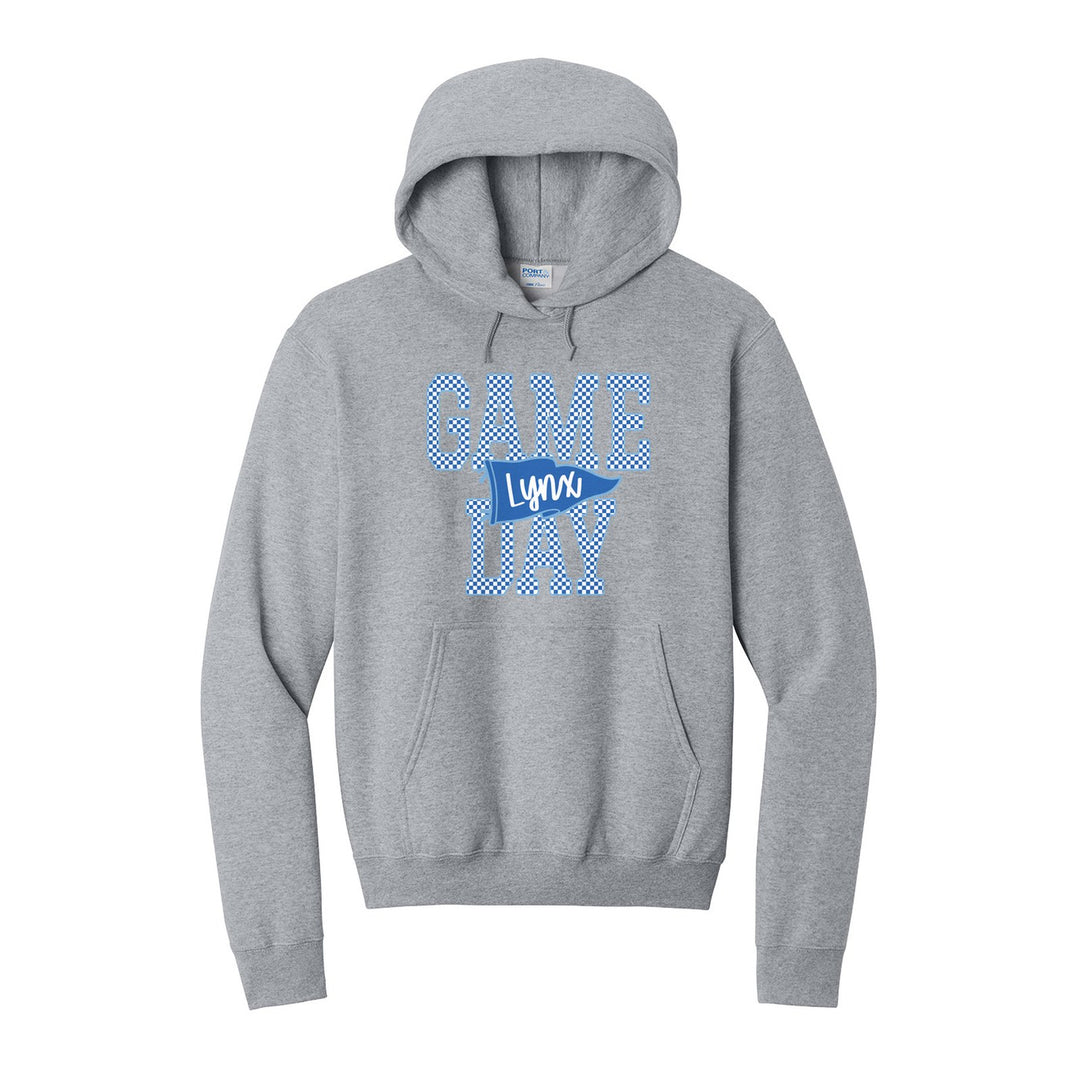 Oley Valley Lynx Game Day hoodie in Athletic Heather: checkered GAME DAY lettering with a Lynx pennant across the middle