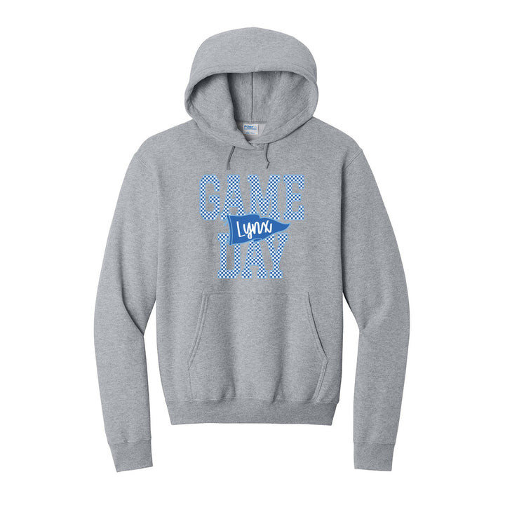 Oley Valley Lynx Game Day hoodie in Athletic Heather: checkered GAME DAY lettering with a Lynx pennant across the middle