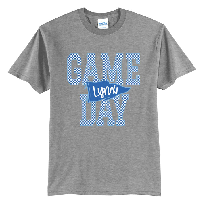 Oley Valley Lynx Game Day t-shirt in Athletic Heather: checkered GAME DAY lettering with a Lynx pennant across the middle