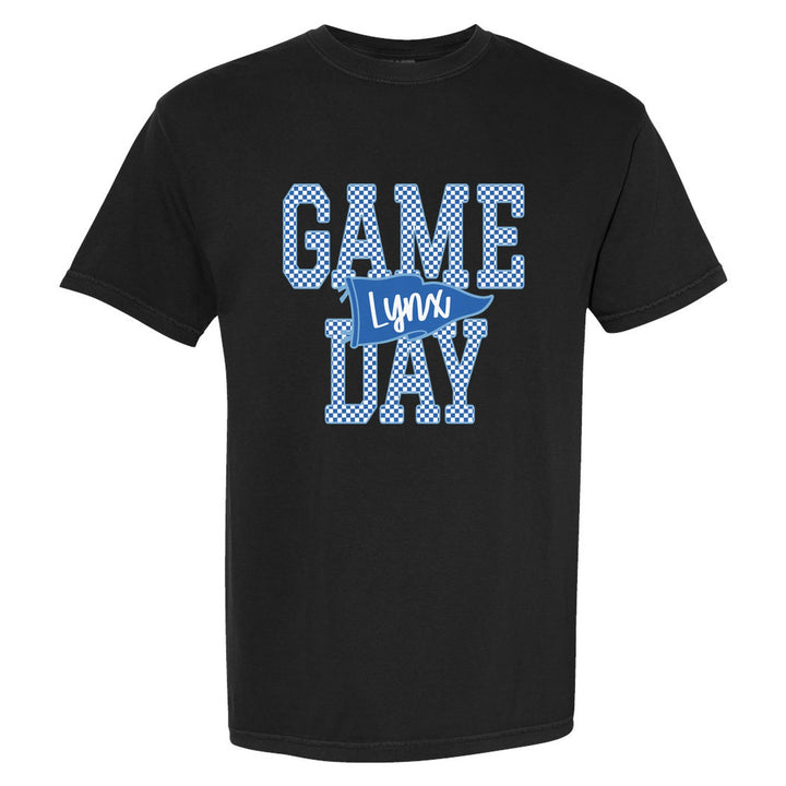 Oley Valley Lynx Game Day comfort colors t-shirt in Black: checkered GAME DAY lettering with a Lynx pennant across the middle
