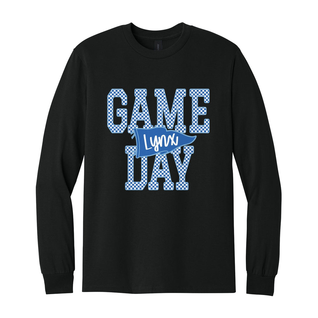 Oley Valley Lynx Game Day long sleeve t-shirt in Black: checkered GAME DAY lettering with a Lynx pennant across the middle