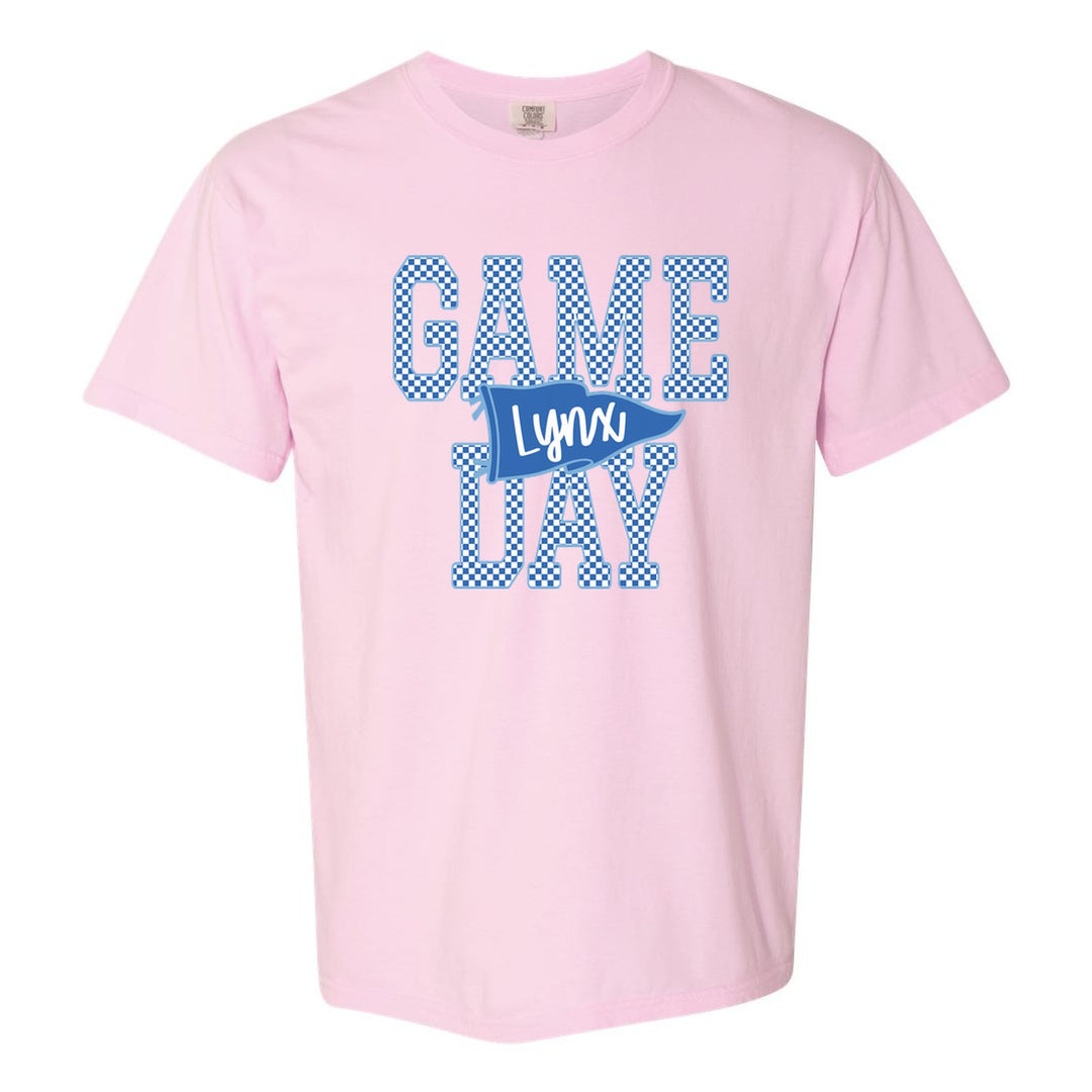 Oley Valley Lynx Game Day comfort colors t-shirt in Blossom: checkered GAME DAY lettering with a Lynx pennant across the middle