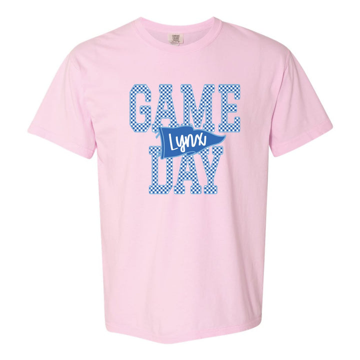 Oley Valley Lynx Game Day comfort colors t-shirt in Blossom: checkered GAME DAY lettering with a Lynx pennant across the middle