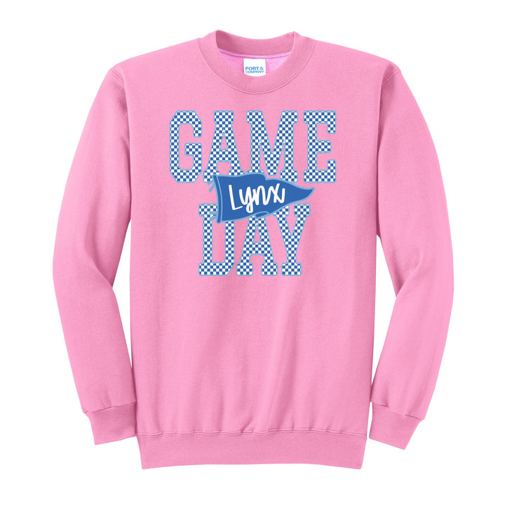 Oley Valley Lynx Game Day crewneck sweatshirt in Candy Pink: checkered GAME DAY lettering with a Lynx pennant across the middle