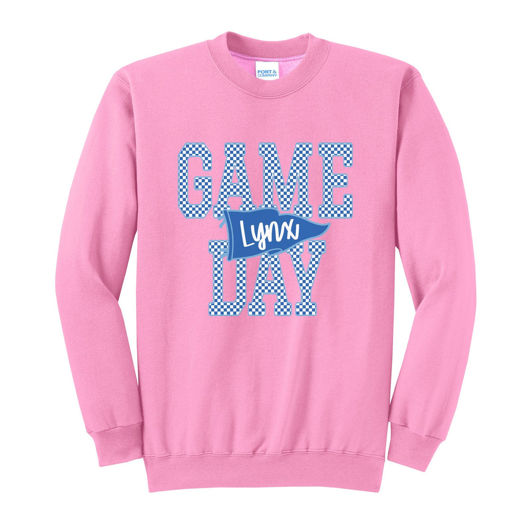 Oley Valley Lynx Game Day crewneck sweatshirt in Candy Pink: checkered GAME DAY lettering with a Lynx pennant across the middle
