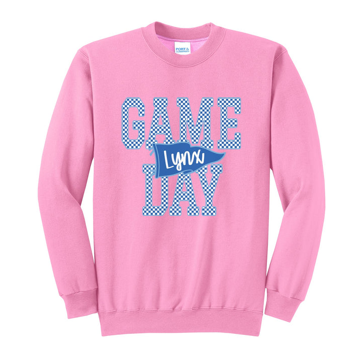 Oley Valley Lynx Game Day crewneck sweatshirt in Candy Pink: checkered GAME DAY lettering with a Lynx pennant across the middle