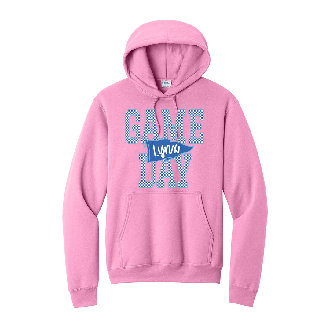 Oley Valley Lynx Game Day hoodie in Candy Pink: checkered GAME DAY lettering with a Lynx pennant across the middle