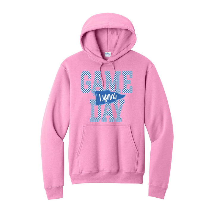 Oley Valley Lynx Game Day hoodie in Candy Pink: checkered GAME DAY lettering with a Lynx pennant across the middle