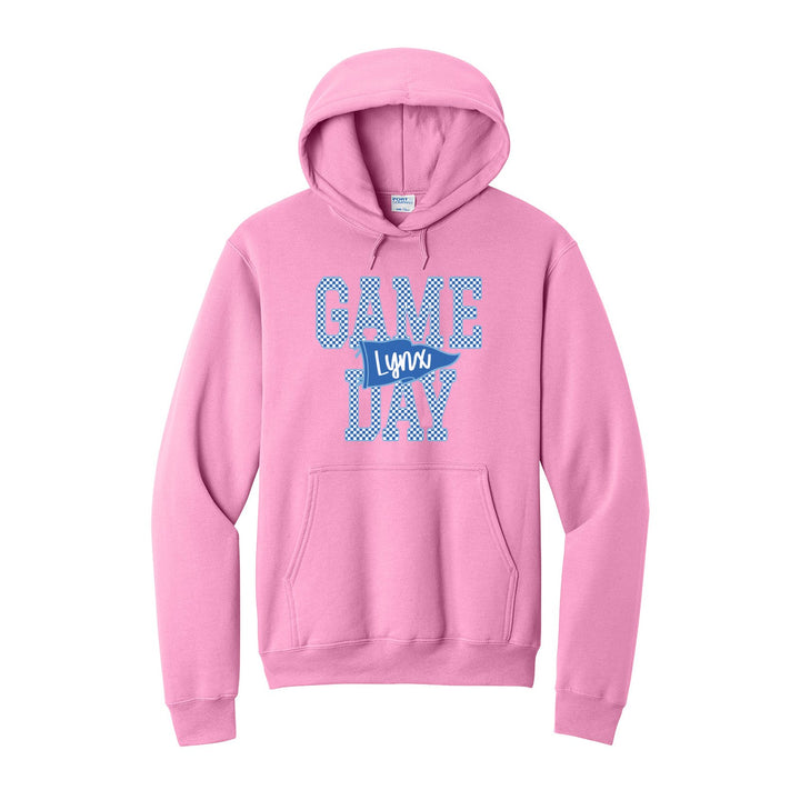 Oley Valley Lynx Game Day hoodie in Candy Pink: checkered GAME DAY lettering with a Lynx pennant across the middle