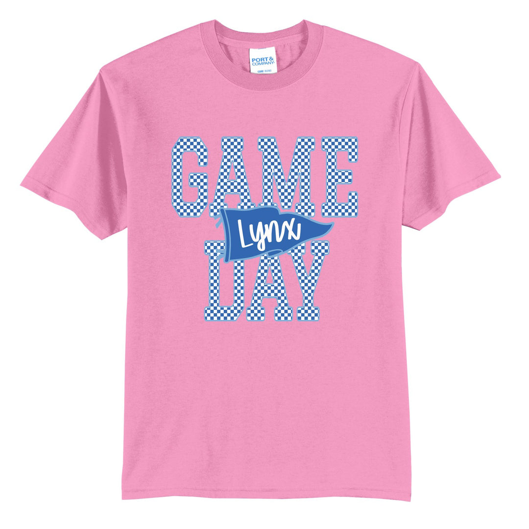 Oley Valley Lynx Game Day t-shirt in Candy Pink: checkered GAME DAY lettering with a Lynx pennant across the middle