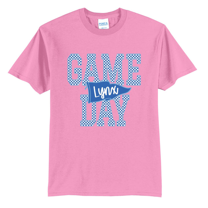Oley Valley Lynx Game Day t-shirt in Candy Pink: checkered GAME DAY lettering with a Lynx pennant across the middle