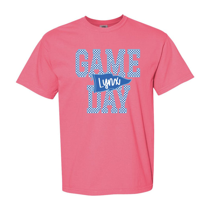 Oley Valley Lynx Game Day comfort colors t-shirt in Crunchberry: checkered GAME DAY lettering with a Lynx pennant across the middle