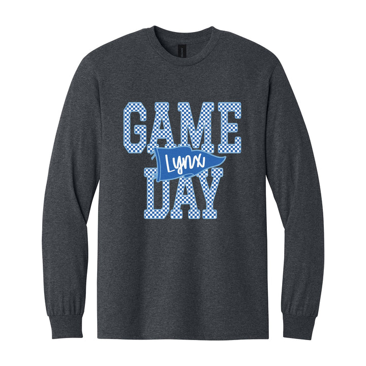 Oley Valley Lynx Game Day long sleeve t-shirt in Dark Heather: checkered GAME DAY lettering with a Lynx pennant across the middle