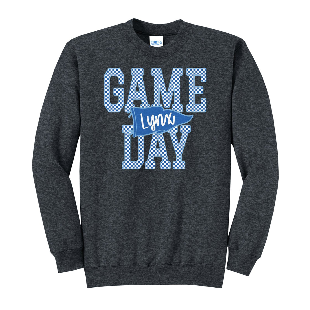 Oley Valley Lynx Game Day crewneck sweatshirt in Dark Heather Grey: checkered GAME DAY lettering with a Lynx pennant across the middle