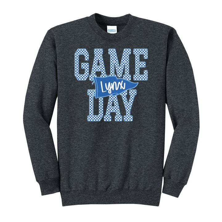 Oley Valley Lynx Game Day crewneck sweatshirt in Dark Heather Grey: checkered GAME DAY lettering with a Lynx pennant across the middle